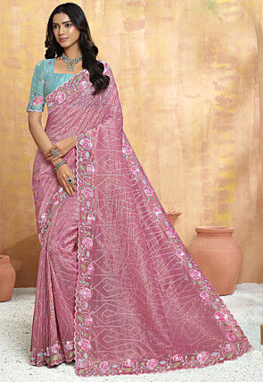 Embroidered Crushed Art Silk Scalloped Saree in Pink