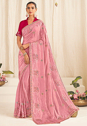 Embroidered Crushed Art Silk Scalloped Saree in Pink