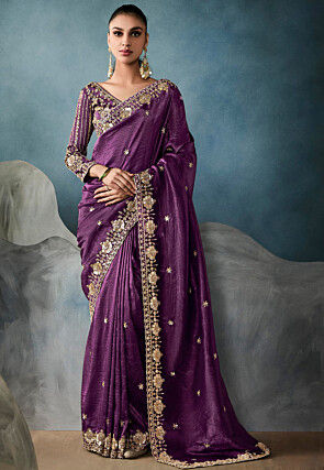 Embroidered Crushed Art Silk Scalloped Saree in Purple