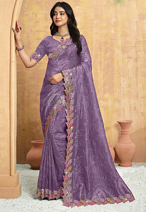 Embroidered Crushed Art Silk Scalloped Saree in Purple