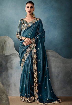 Embroidered Crushed Art Silk Scalloped Saree in Teal Blue