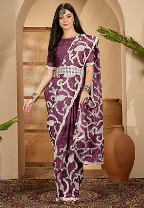 Embroidered Crushed Art Silk Scalloped Saree in Violet