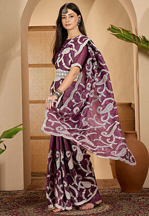 Embroidered Crushed Art Silk Scalloped Saree in Violet