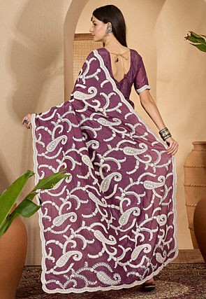 Embroidered Crushed Art Silk Scalloped Saree in Violet