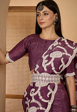 Embroidered Crushed Art Silk Scalloped Saree in Violet