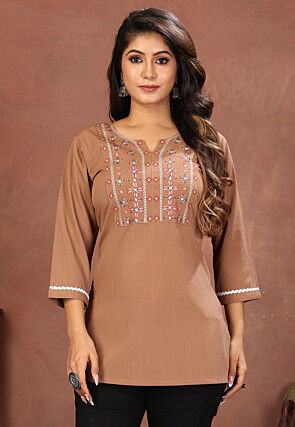 Embroidered Crushed Cotton Kurti in Brown