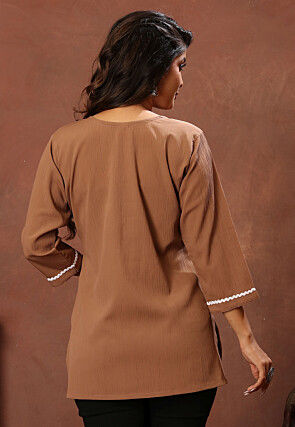 Embroidered Crushed Cotton Kurti in Brown