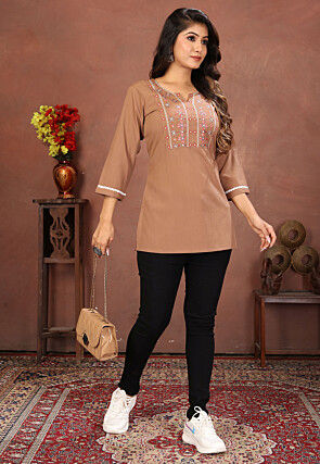 Embroidered Crushed Cotton Kurti in Brown