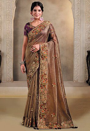Embroidered Crushed Organza Scalloped Saree in Brown