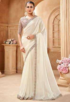 Embroidered Crushed Satin Scalloped Saree in Off White