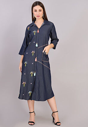 Embroidered Denim Aline Dress in Blue