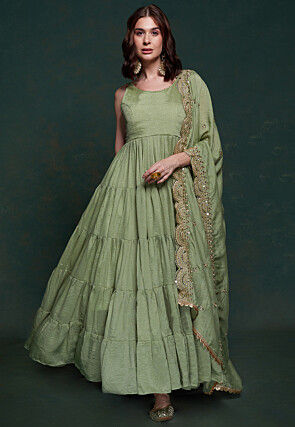 Embroidered Dupatta Art Silk Tiered Abaya Style Suit in Dusty Green