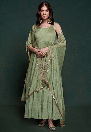 Embroidered Dupatta Art Silk Tiered Abaya Style Suit in Dusty Green