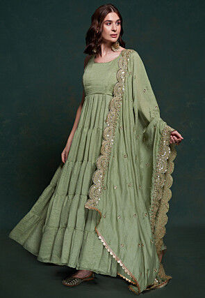 Embroidered Dupatta Art Silk Tiered Abaya Style Suit in Dusty Green