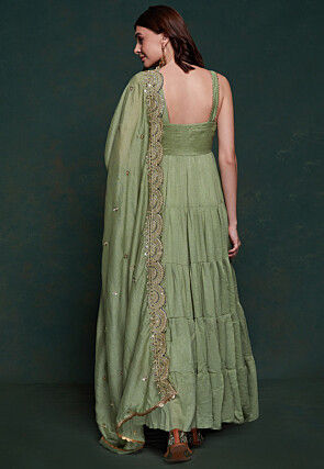 Embroidered Dupatta Art Silk Tiered Abaya Style Suit in Dusty Green
