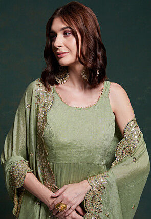 Embroidered Dupatta Art Silk Tiered Abaya Style Suit in Dusty Green