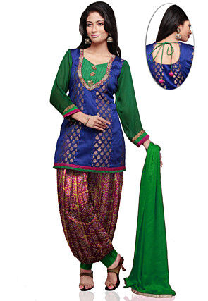 Embroidered Dupion and Chanderi Silk Punjabi Suit in Blue