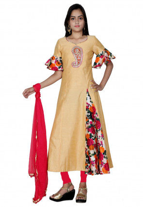 Embroidered Dupion Silk A Line Frill Suit in Beige