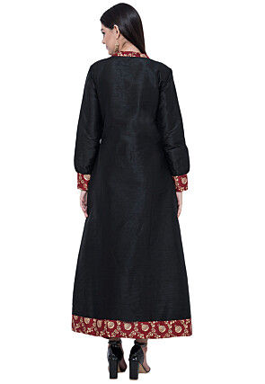 Embroidered Dupion Silk A Line Kurta in Black