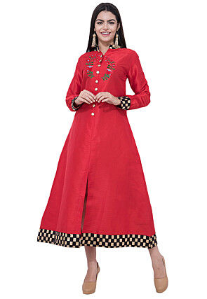Embroidered Dupion Silk A Line Kurta in Pink