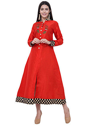 Embroidered Dupion Silk A Line Kurta in Red