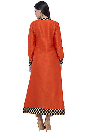 Embroidered Dupion Silk A Line Kurta in Rust