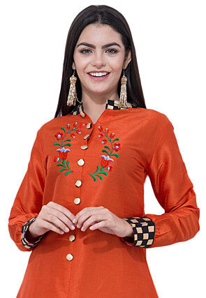 Embroidered Dupion Silk A Line Kurta in Rust