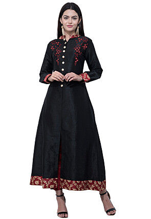 Embroidered Dupion Silk A Line Kurta Set in Black