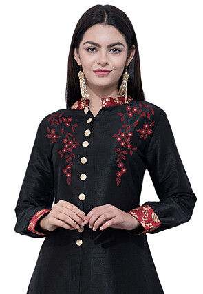 Embroidered Dupion Silk A Line Kurta Set in Black