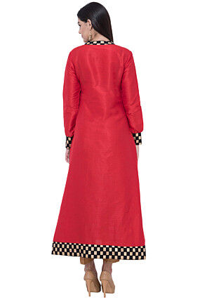 Embroidered Dupion Silk A Line Kurta Set in Pink