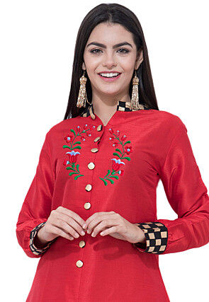 Embroidered Dupion Silk A Line Kurta Set in Pink