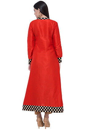 Embroidered Dupion Silk A Line Kurta Set in Red