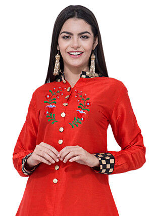 Embroidered Dupion Silk A Line Kurta Set in Red