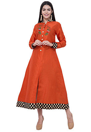Embroidered Dupion Silk A Line Kurta Set in Rust
