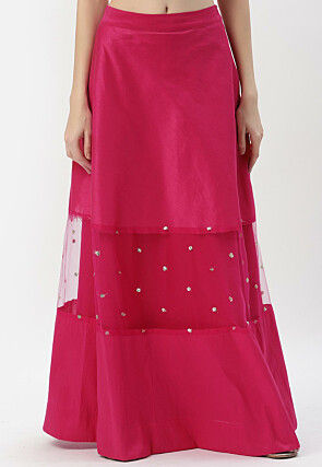 Embroidered Dupion Silk and Net A Line Skirt in Fuchsia