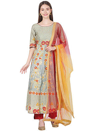 Embroidered Dupion Silk A Line Suit in Grey