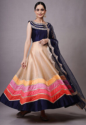 Embroidered Dupion Silk Abaya Style Suit in Beige