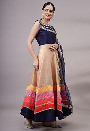 Embroidered Dupion Silk Abaya Style Suit in Beige