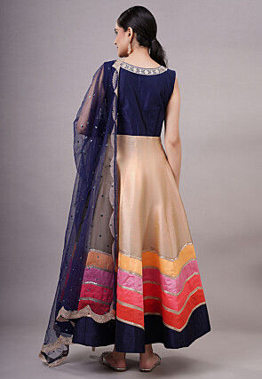 Embroidered Dupion Silk Abaya Style Suit in Beige