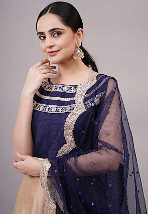 Embroidered Dupion Silk Abaya Style Suit in Beige