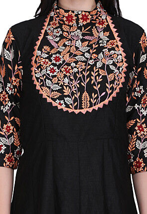 Embroidered Dupion Silk Abaya Style Suit in Black