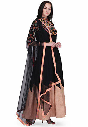 Embroidered Dupion Silk Abaya Style Suit in Black