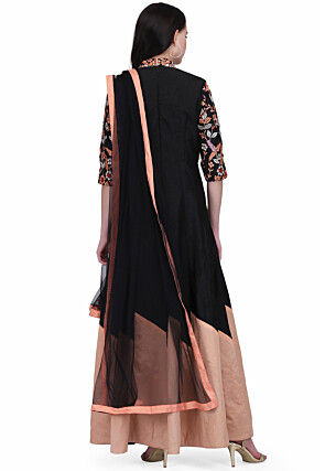 Embroidered Dupion Silk Abaya Style Suit in Black