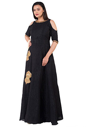Embroidered Dupion Silk Abaya Style Suit in Black