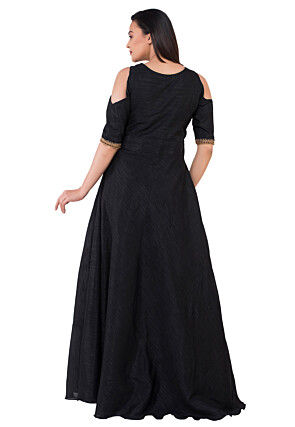 Embroidered Dupion Silk Abaya Style Suit in Black