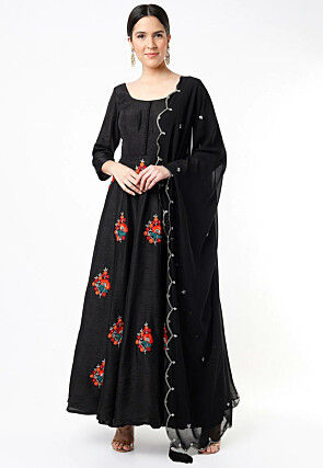 Embroidered Dupion Silk Abaya Style Suit in Black