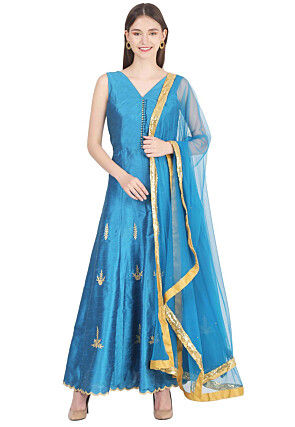 Embroidered Dupion Silk Abaya Style Suit in Blue