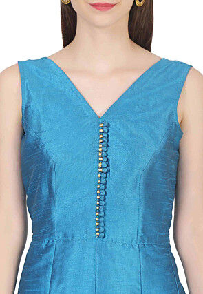 Embroidered Dupion Silk Abaya Style Suit in Blue