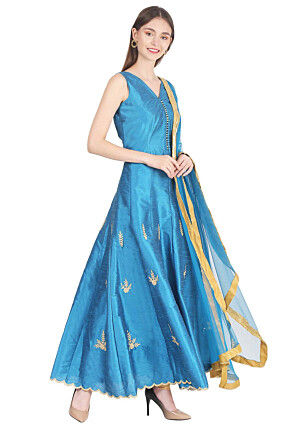 Embroidered Dupion Silk Abaya Style Suit in Blue