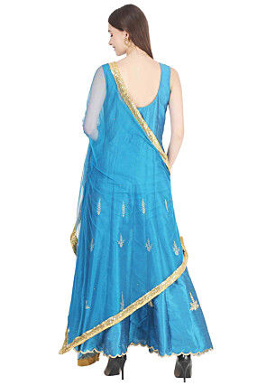 Embroidered Dupion Silk Abaya Style Suit in Blue